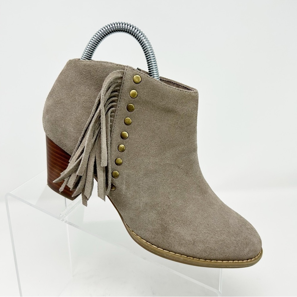 Vionic Western Faros Gray Leather Fringed Studded Ankle Boots Size 7 Almond Toe